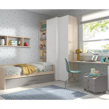 Dormitorio juvenil con cama nido con cajones, armario esquinero y escritorio