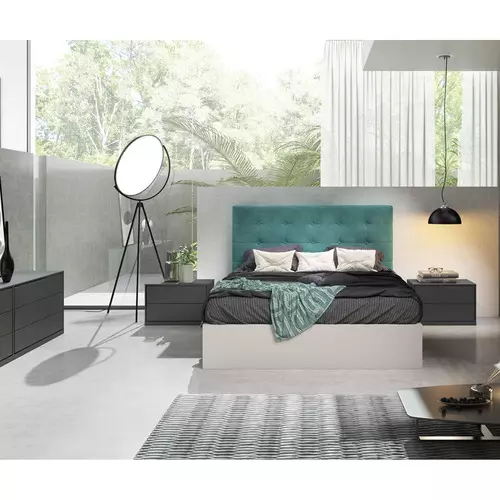 Conjunto de cama con cabecero en tejido agave y mesillas en Madrid