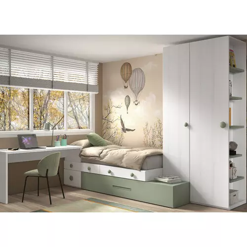 Dormitorio Juvenil Cama + Cama Nido, Armario Ropero y Zona de Estudio 