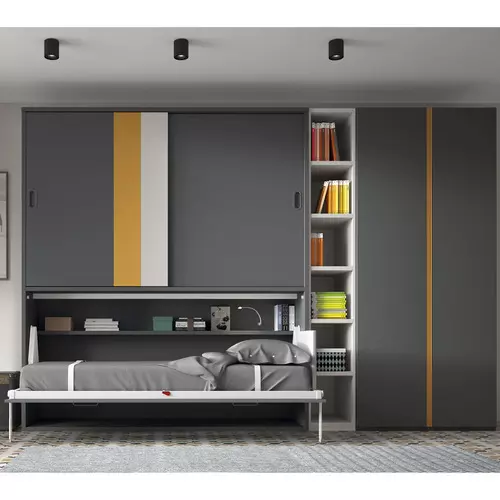 Cama Abatible de Pared con Armario Superior y Frontal Decorativo