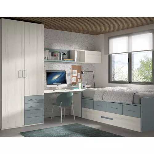 Dormitorio juvenil con armario, camas y escritorio gl formas F025