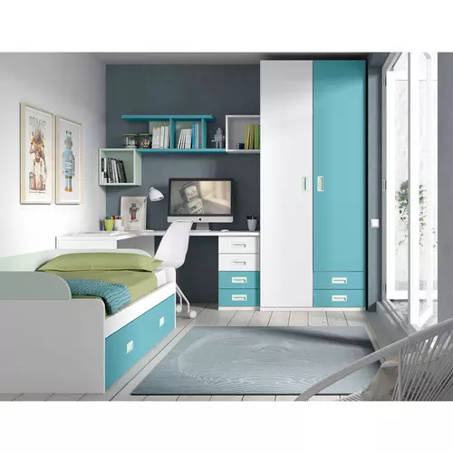 Habitación juvenil con 2 camas y escritorio rinconero