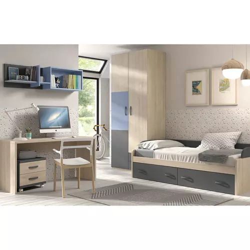 Habitación juvenil con 2 camas, escritorio, armario y estanterias gl basic B028