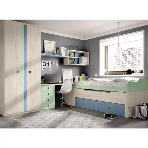 Habitación juvenil con cama compacta, cajones, armario y escritorio rm h116