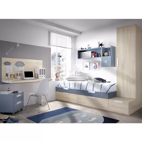 Habitación juvenil con cama modular y cajones, armario y escritorio rm h508